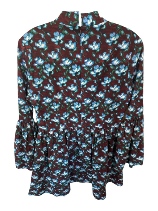 De Loreta Size L Brown & Blue Cotton Long Bell Sleeve Flowers Back Zip Dress Brown & Blue / L