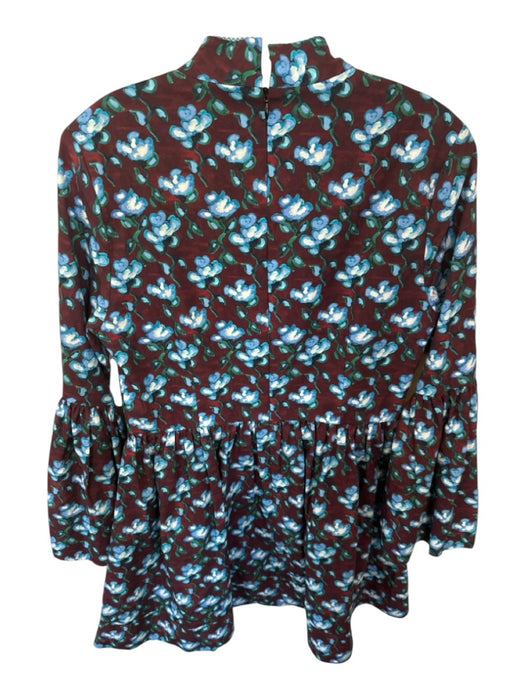 De Loreta Size L Brown & Blue Cotton Long Bell Sleeve Flowers Back Zip Dress Brown & Blue / L