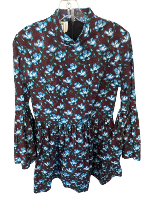 De Loreta Size L Brown & Blue Cotton Long Bell Sleeve Flowers Back Zip Dress Brown & Blue / L
