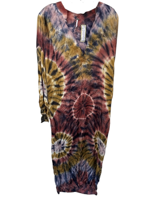 Young Fab & Broke Size M Red & Purple Rayon Long Sleeve Tie Dye Split Neck Dress Red & Purple / M