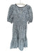 Ganni Size 40 Blue & White Cotton 3/4 Balloon Sleeve Flowers Front Tie Dress Blue & White / 40