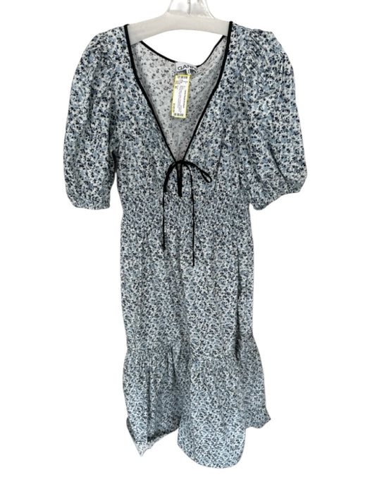Ganni Size 40 Blue & White Cotton 3/4 Balloon Sleeve Flowers Front Tie Dress Blue & White / 40