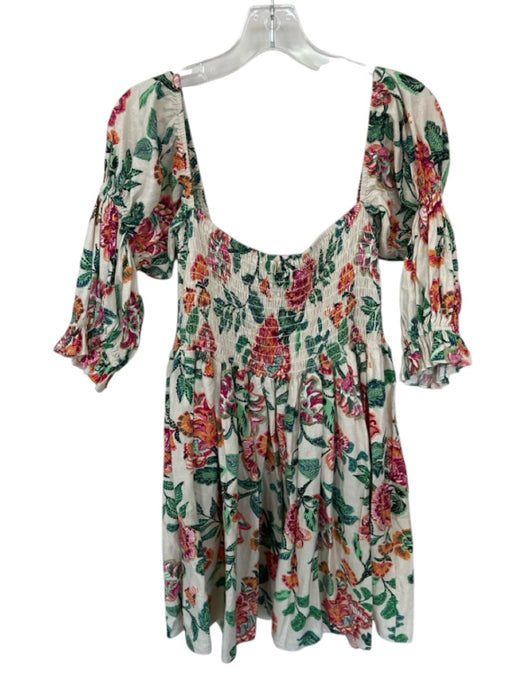 Misa Size M Cream & Green Linen Blend Long Balloon Sleeve smocked Flowers Dress Cream & Green / M