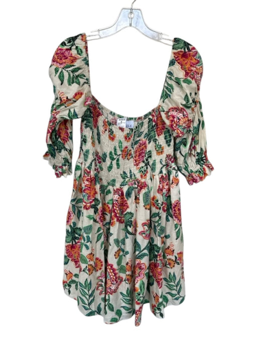 Misa Size M Cream & Green Linen Blend Long Balloon Sleeve smocked Flowers Dress Cream & Green / M
