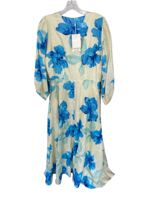 Kivari Size 8 Cream & Blue Linen Long Balloon Sleeve Watercolor Floral Dress Cream & Blue / 8
