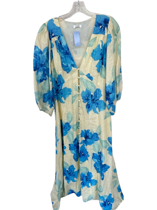 Kivari Size 8 Cream & Blue Linen Long Balloon Sleeve Watercolor Floral Dress Cream & Blue / 8