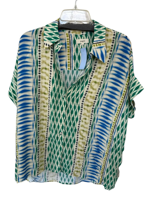 Suncoo Size 3/L Green & Blue Viscose Cap Sleeve Tie Dye Buttons Collar Top Green & Blue / 3/L