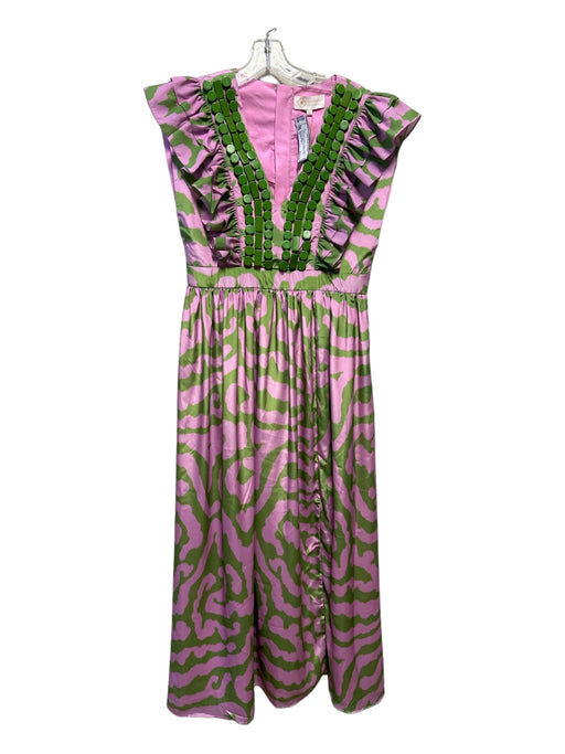 Sheridan French Size M Pink & Green Beaded Detail Abstract Ruffle Detail Dress Pink & Green / M