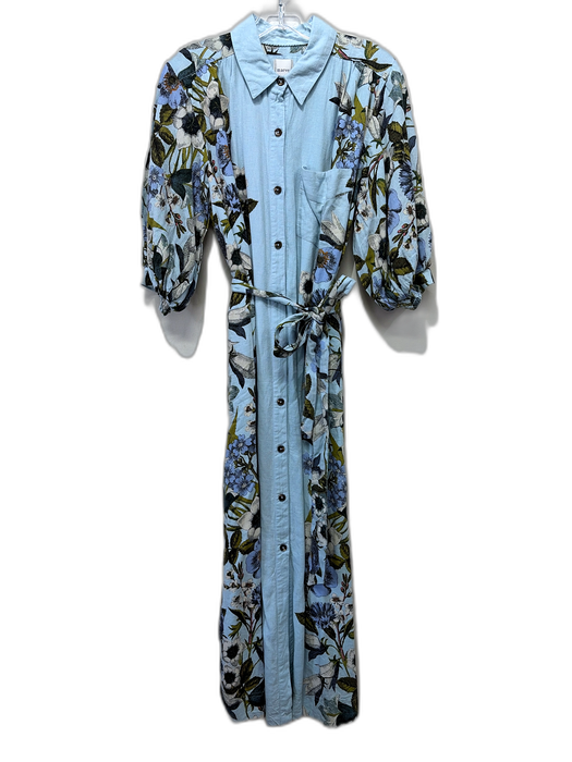Maeve Size SP Light Blue, White & Green Linen Blend Botanical Button Front Dress Light Blue, White & Green / SP