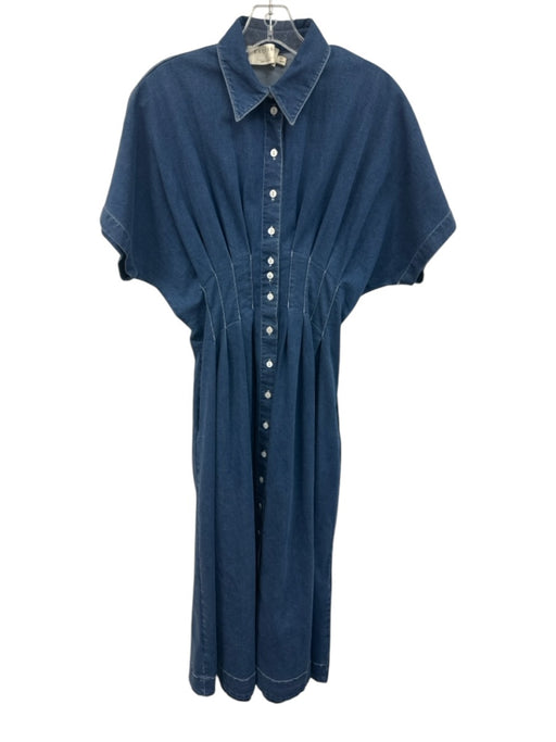 Exquise Size S Denim Cotton Blend Side Seam Pockets Shirt Collar pleats Dress Denim / S