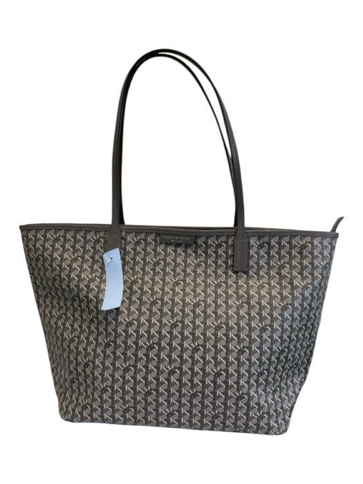 Tory Burch Gray Coated Canvas Monogram Lattice Zip Top Tote Bag Gray