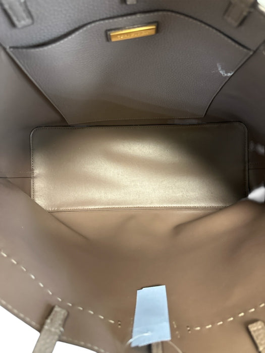 Tory Burch Taupe Gray Leather Top Handle Logo Detail Clip clasp Tote Bag Taupe Gray