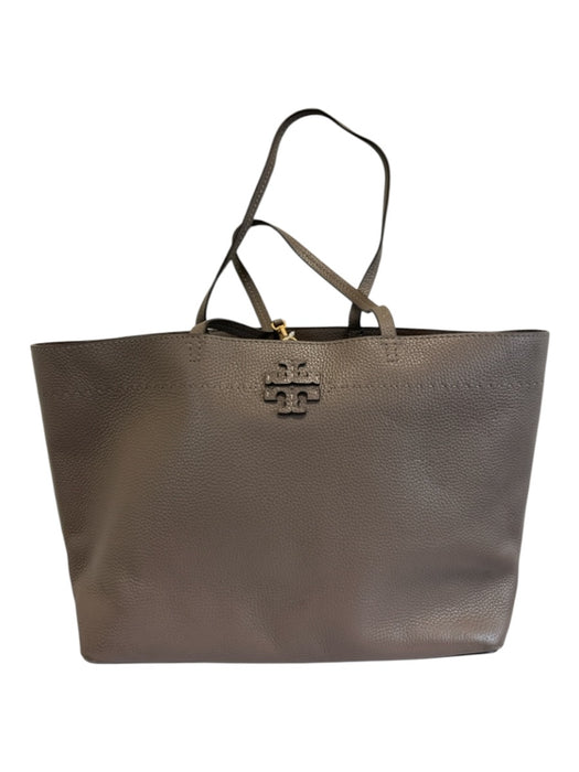 Tory Burch Taupe Gray Leather Top Handle Logo Detail Clip clasp Tote Bag Taupe Gray