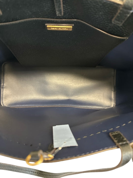 Tory Burch Black Leather Top Handle Logo Detail Clip clasp Tote Bag Black