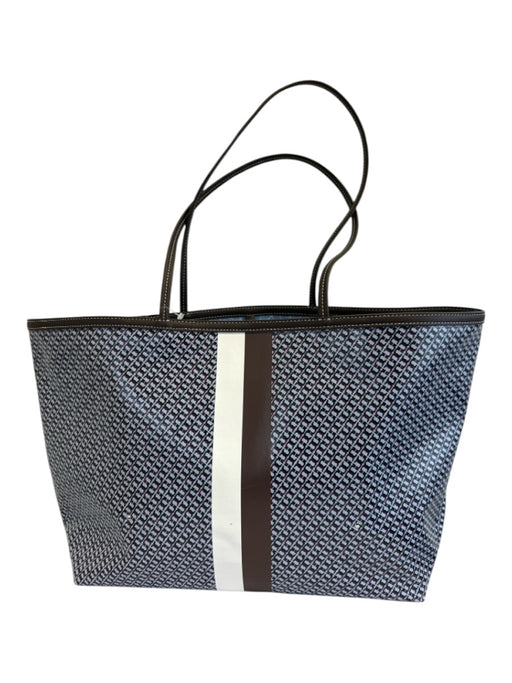 Tory Burch Brown, Blue, White Coated Canvas Leather trim Monogram Tote Bag Brown, Blue, White / M