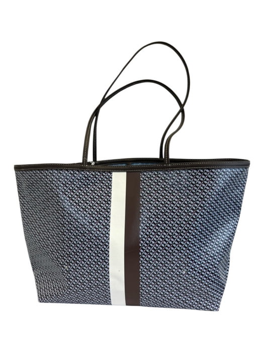Tory Burch Brown, Blue, White Coated Canvas Leather trim Monogram Tote Bag Brown, Blue, White / M
