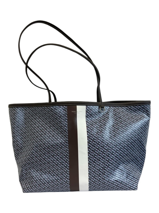 Tory Burch Brown, Blue, White Coated Canvas Leather trim Monogram Tote Bag Brown, Blue, White / M
