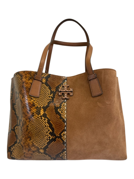 Tory Burch Brown & Orange Suede Leather Snake Fabric Block Tote Bag Brown & Orange / L