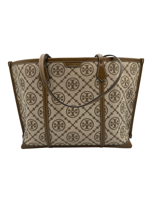 Tory Burch Brown & Beige Canvas & Leather Top Handles Open Top Feet Tote Bag Brown & Beige / M