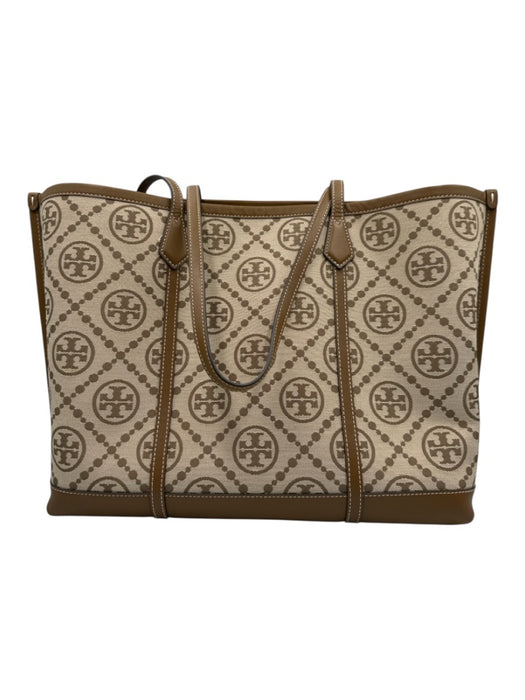 Tory Burch Brown & Beige Canvas & Leather Top Handles Open Top Feet Tote Bag Brown & Beige / M