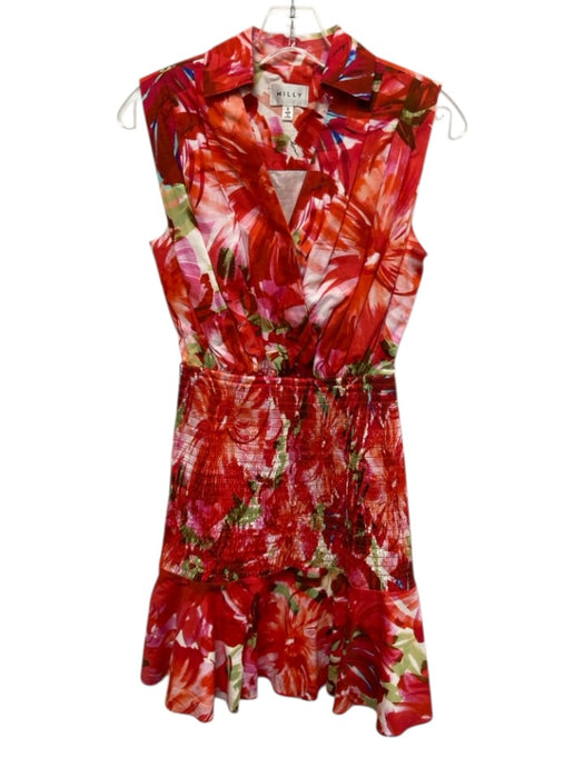 Milly Size 0 Red & Multi Cotton Blend Abstract Floral Sleeveless Collar Dress Red & Multi / 0