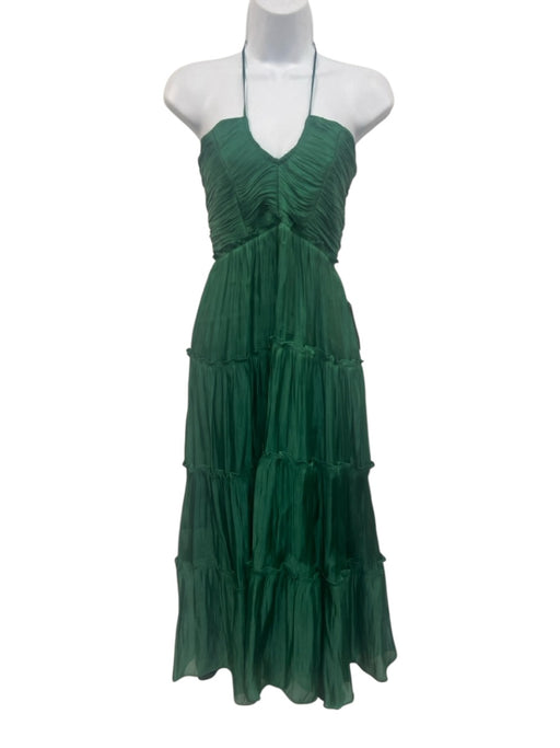 O.P.T. Size XS Emerald Green Polyester Satin Gathered Halter Midi Dress Emerald Green / XS
