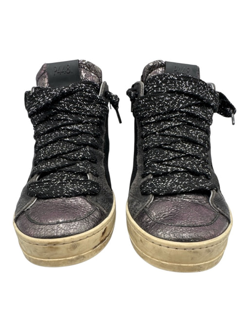 P448 Shoe Size 38 Black & Gunmetal Leather Upper Shiny High Top Lace Up Sneakers Black & Gunmetal / 38
