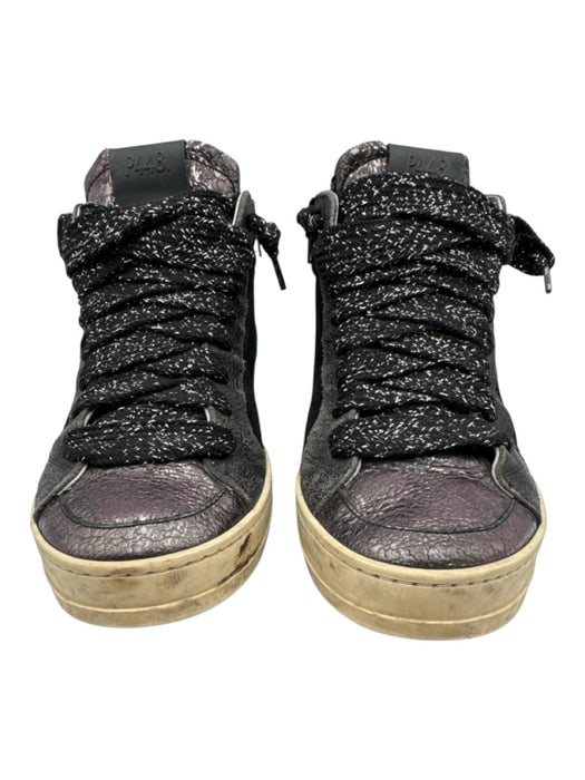 P448 Shoe Size 38 Black & Gunmetal Leather Upper Shiny High Top Lace Up Sneakers Black & Gunmetal / 38