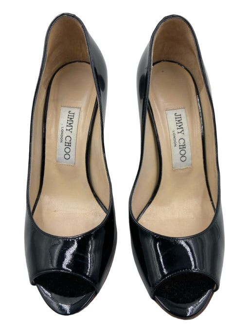 Jimmy Choo Shoe Size 36 Black & Gold Patent Metallic Peep Toe Wedges Black & Gold / 36