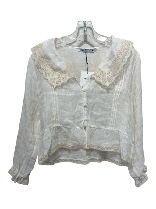 Zara Size Medium White & Cream Linen Blend 3/4 Sleeve Lace Trim Button Front Top White & Cream / Medium