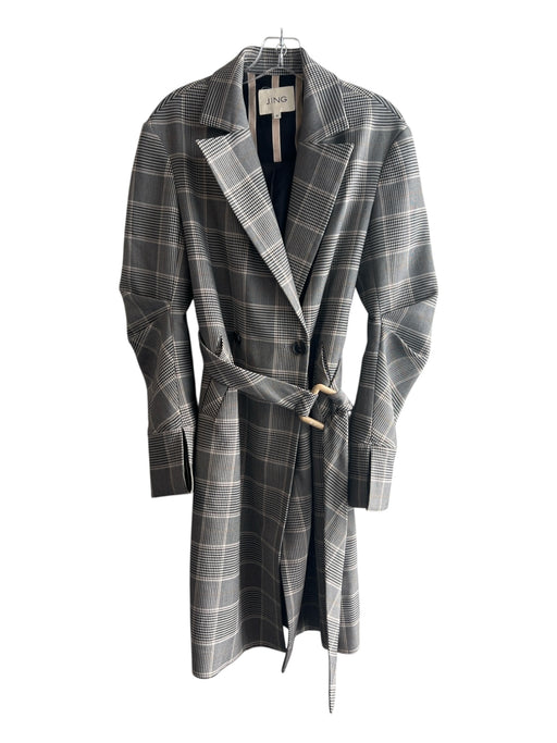 J.Ing Limited Size M Black, Cream, Tan Polyester Blend Plaid Belted Coat Black, Cream, Tan / M