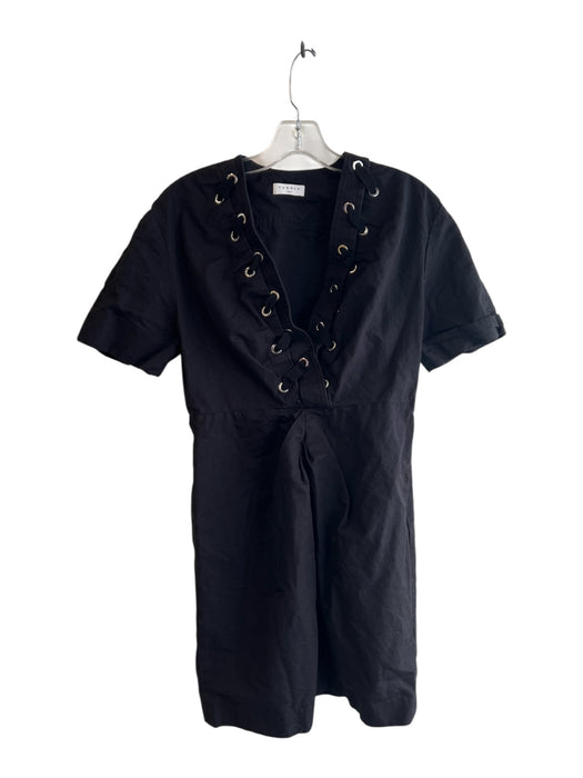 Sandro Size Est L Black Viscose & Linen V Neck Short Sleeve Ribbon Detail Dress Black / Est L