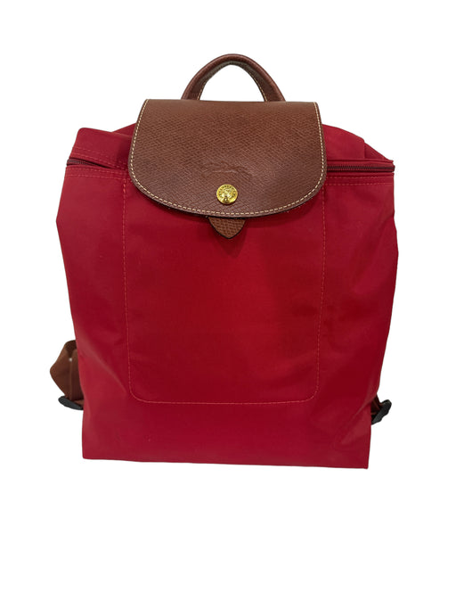 Longchamp Red & Brown Nylon & Leather Backpack Leather Accents Top Zip Bag Red & Brown / M