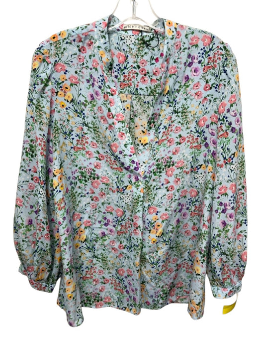 Alice + Olivia Size S blue, pink, multi Silk floral print V Neck Long Sleeve Top blue, pink, multi / S