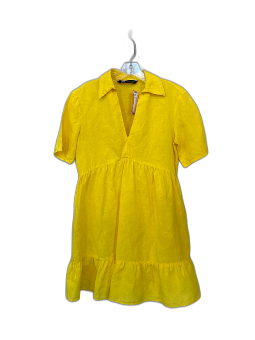 Zara Size S Yellow Linen Blend Short Sleeve Collar V Neck Dress Yellow / S