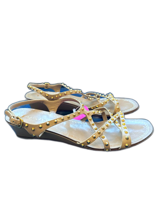 Prada Shoe Size 40 Tan & Gold Patent Leather Wedge Studded Ankle Buckle Sandals Tan & Gold / 40