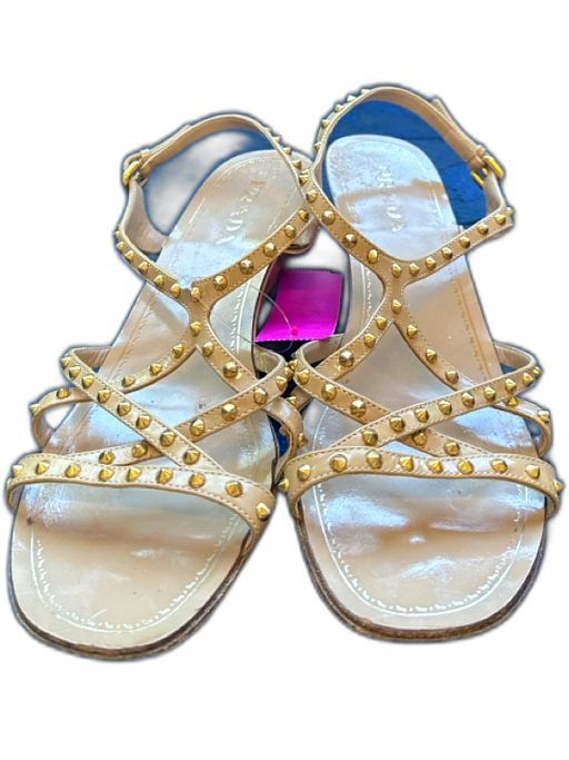 Prada Shoe Size 40 Tan & Gold Patent Leather Wedge Studded Ankle Buckle Sandals Tan & Gold / 40