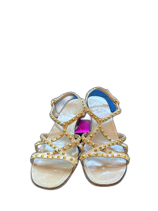 Prada Shoe Size 40 Tan & Gold Patent Leather Wedge Studded Ankle Buckle Sandals Tan & Gold / 40