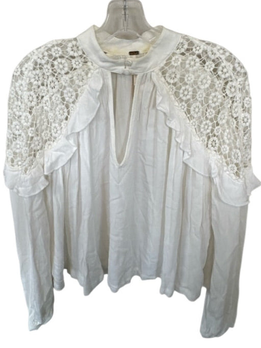 Free People Size S White Rayon Lace Long Sleeve Button Up Top White / S