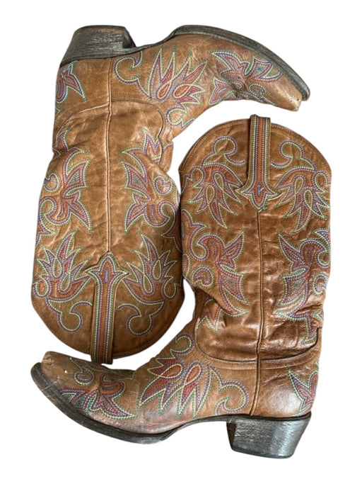 LANE Shoe Size 8 Brown Leather Embroidered Multi Color almond squarish toe Boots Brown / 8