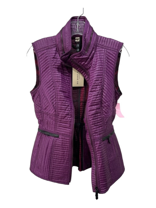 Burberry Size 6 Purple Viscose Quilted High Neck Zip Front Plaid Interior Vest Purple / 6