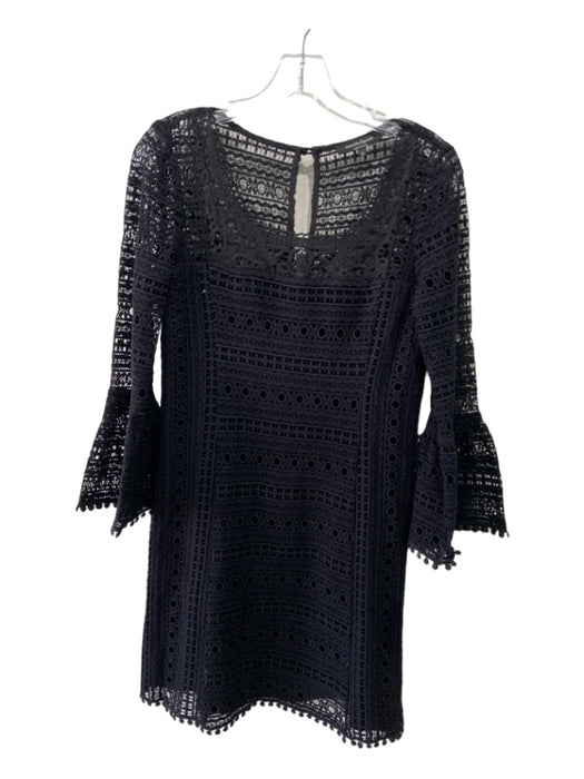 Nanette Lepore Size 2 Black Cotton Eyelet Overlay Long Flare Sleeve Dress Black / 2