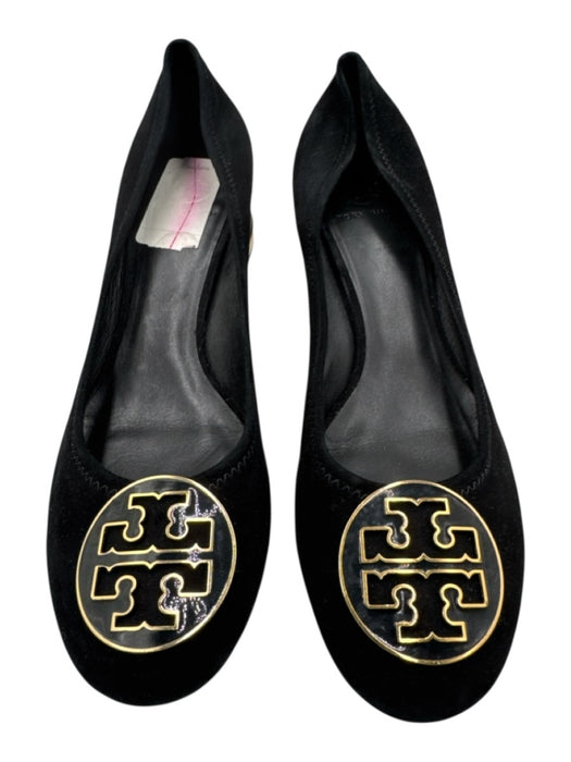 Tory Burch Shoe Size 9.5 Black & Gold Suede Round Toe Circle Logo Flats Black & Gold / 9.5