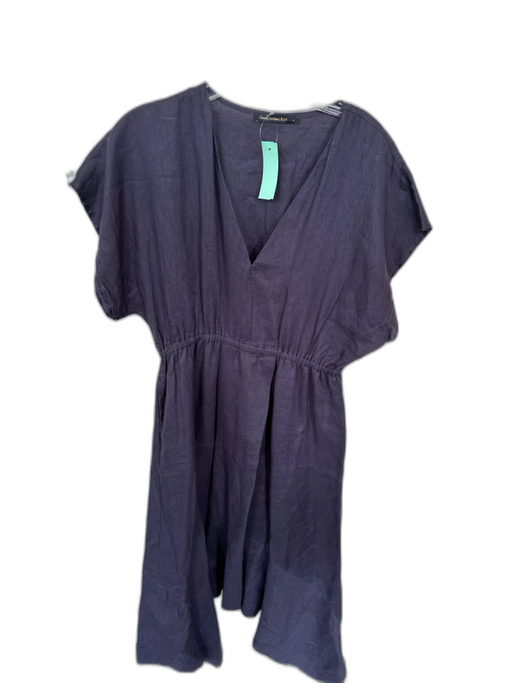 Greek Archaic Kori Size L Navy Linen Short Sleeve Elastic Waist V Neck Dress Navy / L