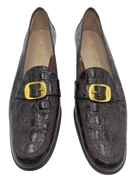 Salvatore Ferragamo Shoe Size 7 Brown Reptile Embossed Gold Buckle Loafers Brown / 7