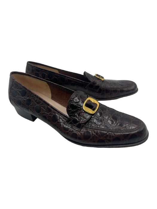 Salvatore Ferragamo Shoe Size 7 Brown Reptile Embossed Gold Buckle Loafers Brown / 7