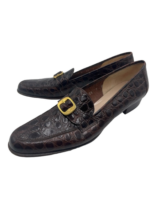 Salvatore Ferragamo Shoe Size 7 Brown Reptile Embossed Gold Buckle Loafers Brown / 7