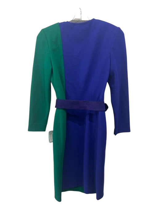 Bill Blass Size 8 Blue & Green Wool Belted Colorblock Long Sleeve Paneled Dress Blue & Green / 8