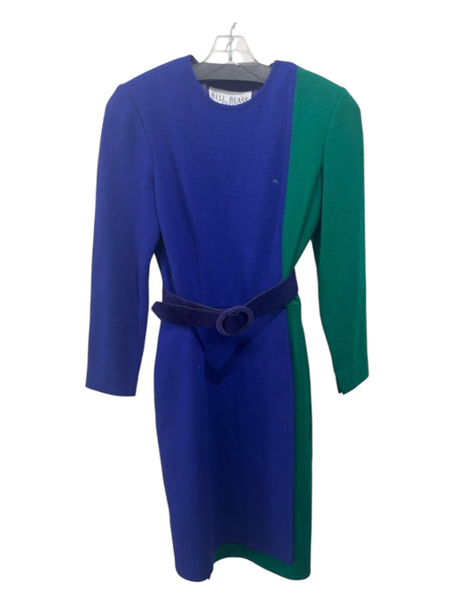 Bill Blass Size 8 Blue & Green Wool Belted Colorblock Long Sleeve Paneled Dress Blue & Green / 8