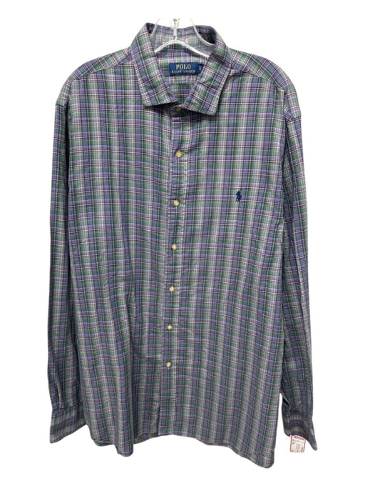 Polo Size XXL Green & Purple Print Cotton Plaid Button Up Long Sleeve Shirt Green & Purple Print / XXL
